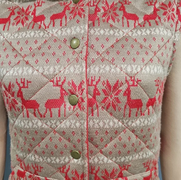 FREE PEOPLE Women Fair Isle Reindeer Hooded Quilted Red Beige Vest S - Picture 3 of 8